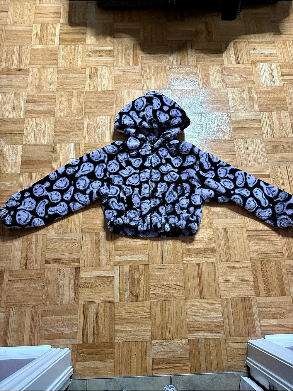 H&M Smiley x H&M Faux Fur Hooded Jacket Black & Purple Girls XS
